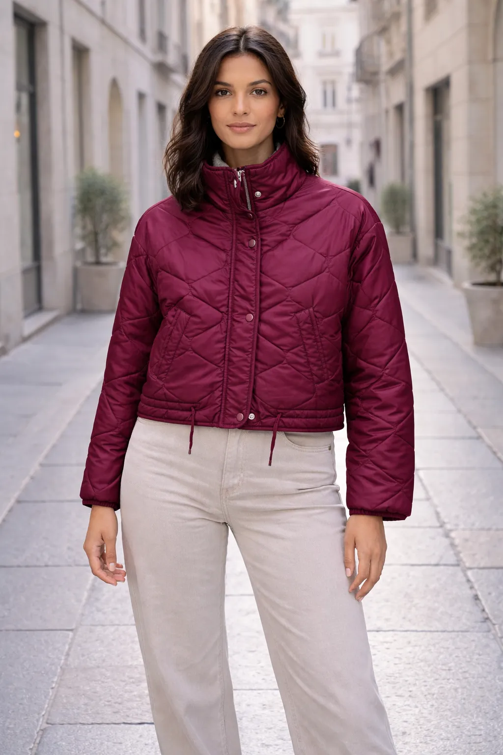 Kapitone Fermuarlı Elyaf Mont   Bordo