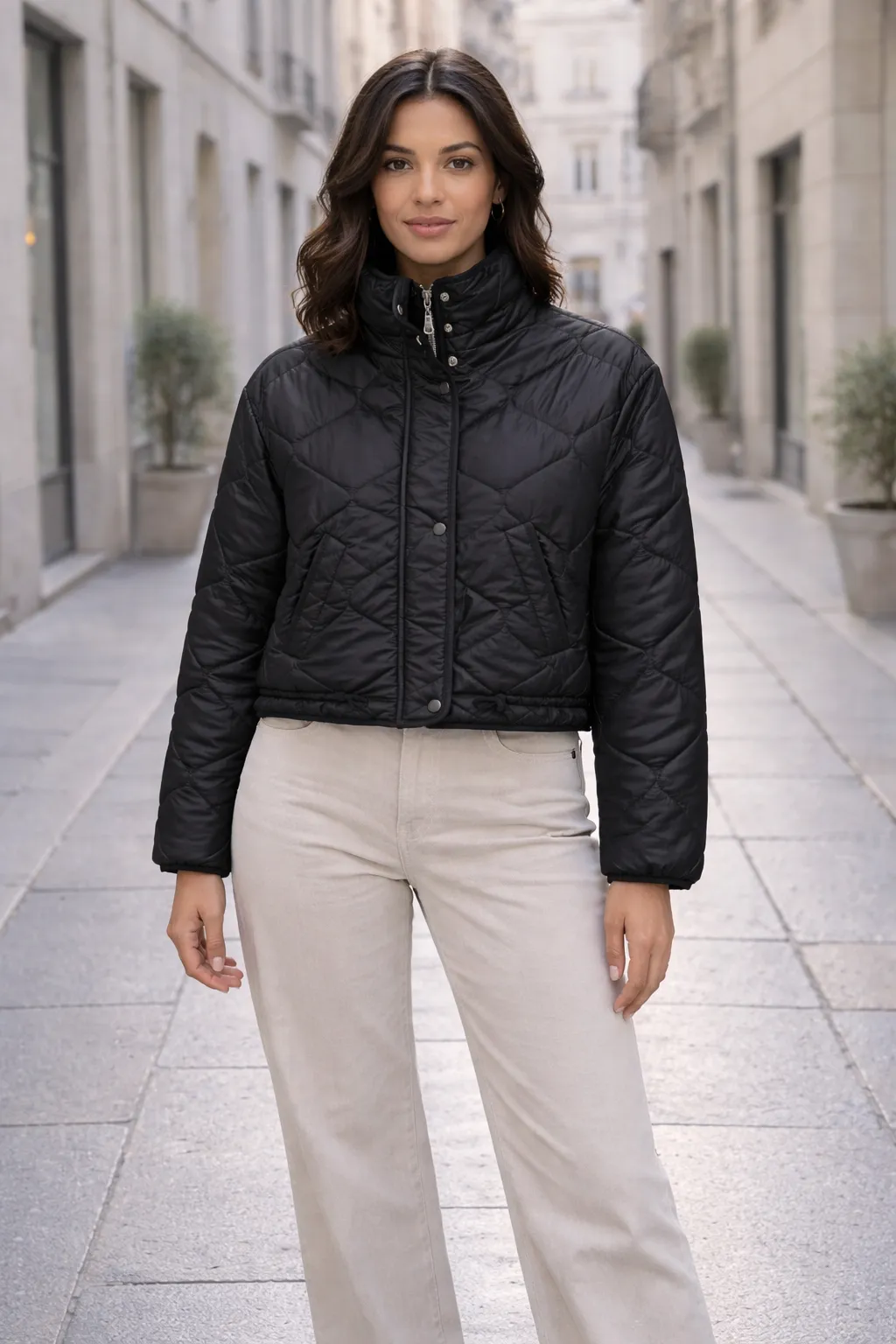 Kapitone Fermuarlı Elyaf Mont   Siyah