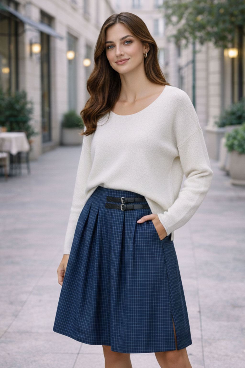 Kemerli Önden Yırtmaçlı Ekose Etek – Lacivert