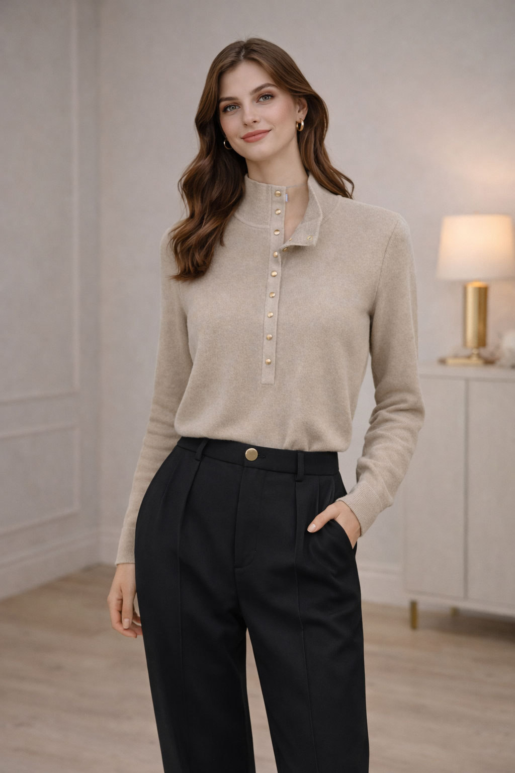 Çıtçıtlı Uzun Kollu Triko – Krem